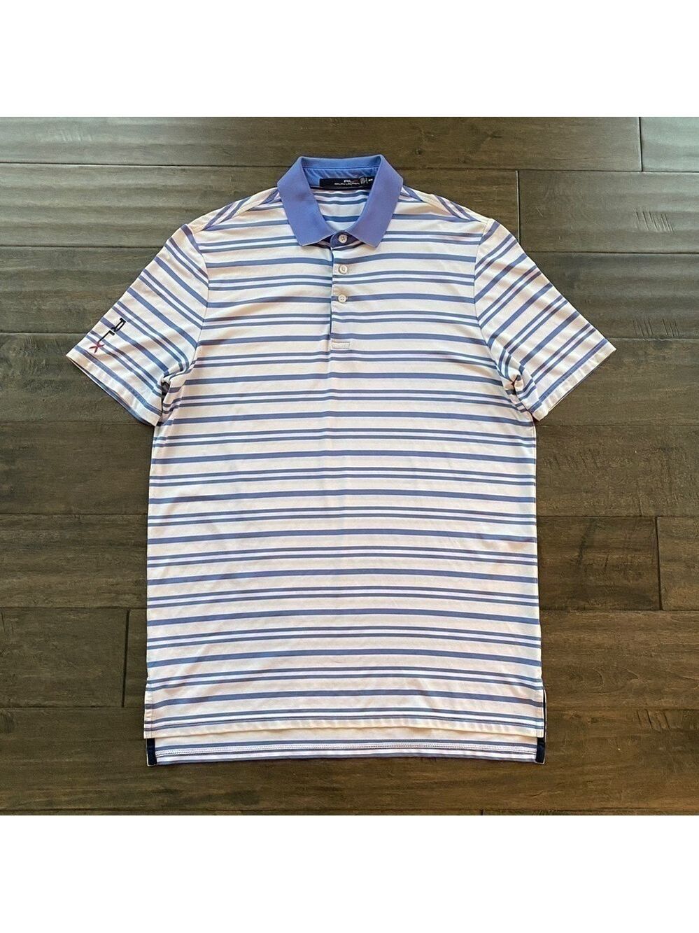 Rlx Ralph Lauren Mens Sz M White Blue Striped Stretch Golf Polo Shirt